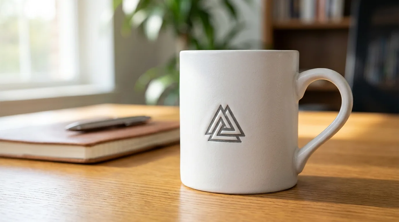 Logo-printed ceramic mug styled on an office desk