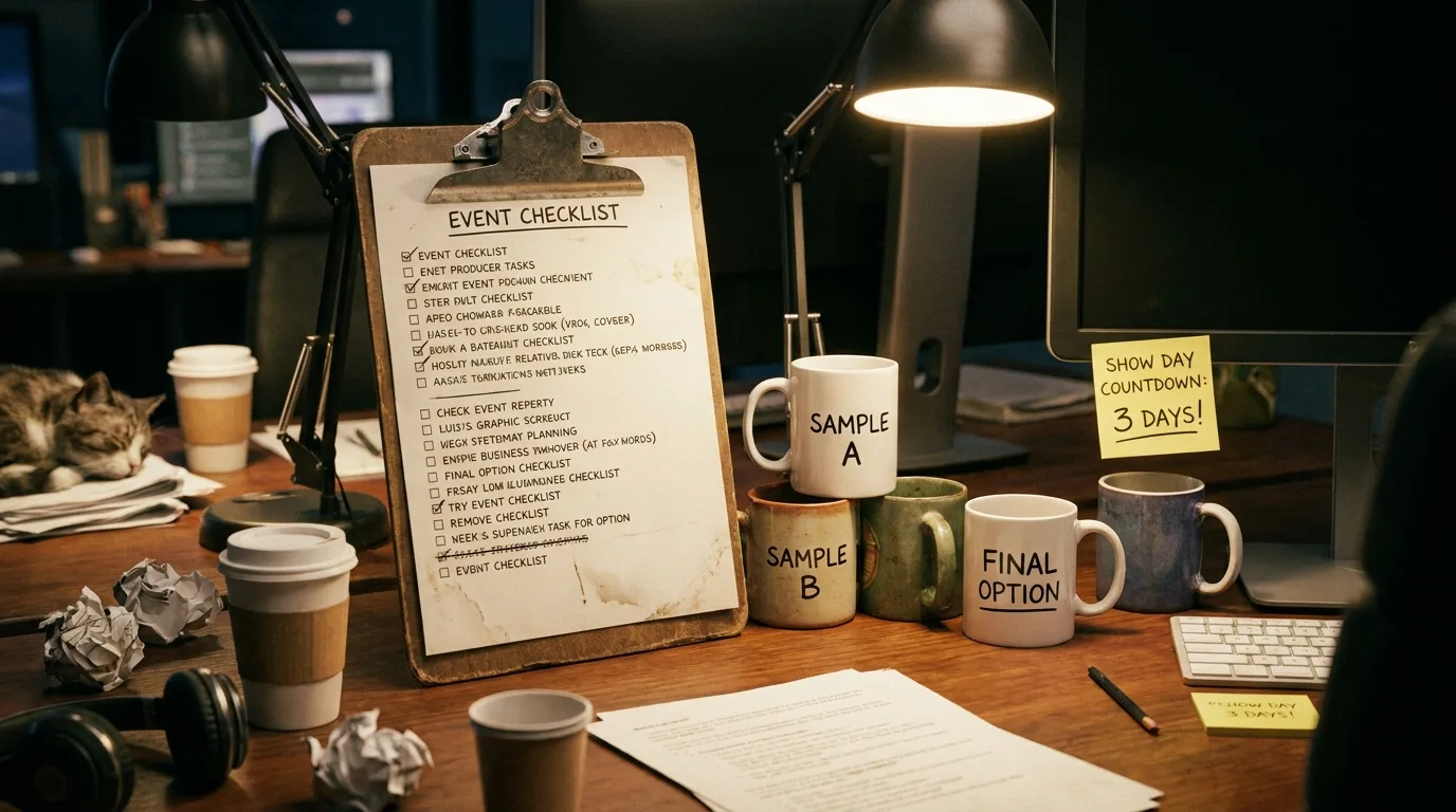 Event producer checklist with mug samples and a countdown to show day