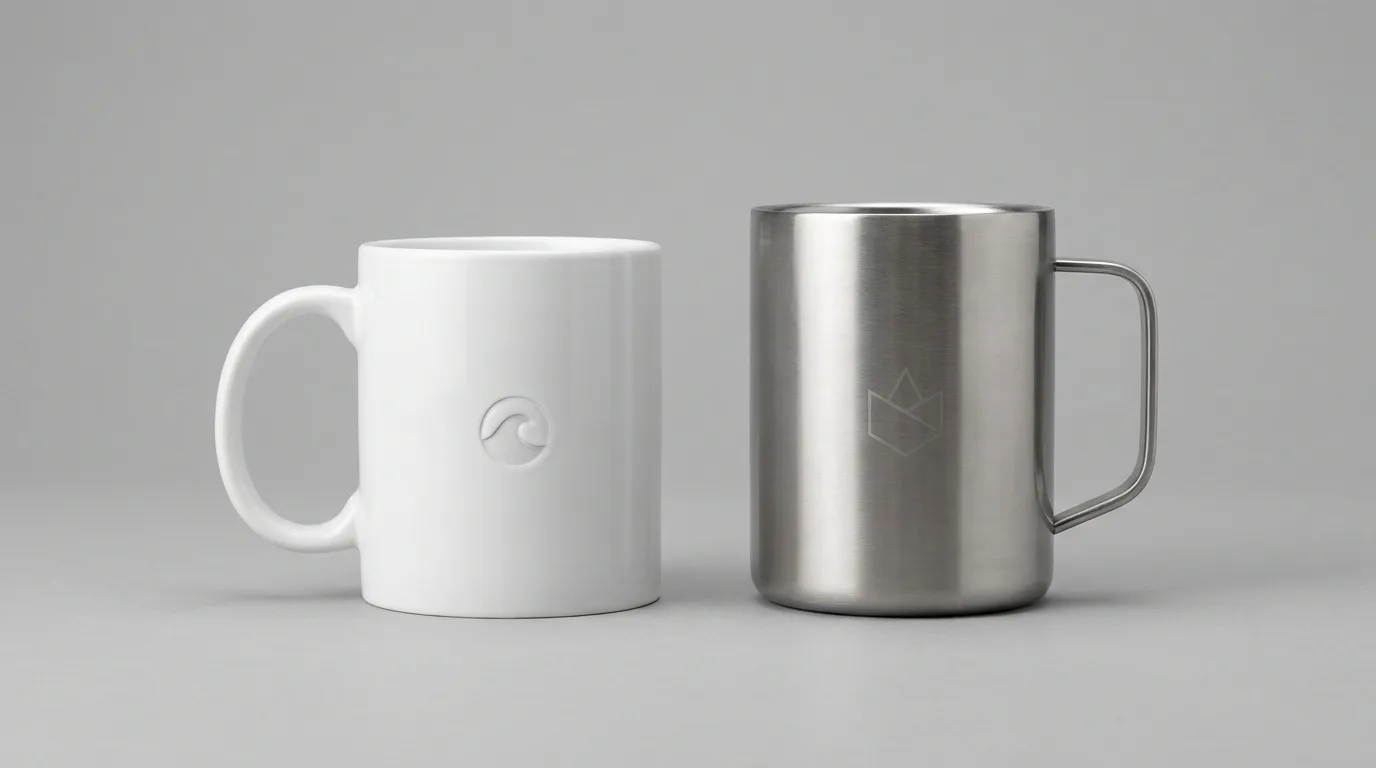 Side-by-side ceramic coffee mug and stainless travel mug with subtle logo marks