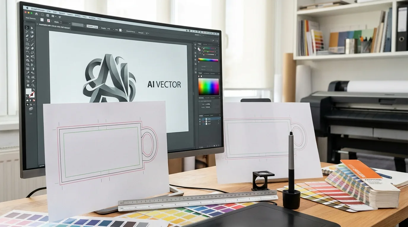 Prepress desk with logo artwork on screen and mug print template printout