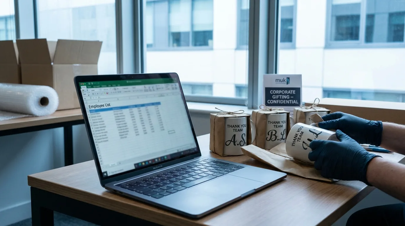 HR laptop with a name list beside finished personalized mugs ready for discreet packing