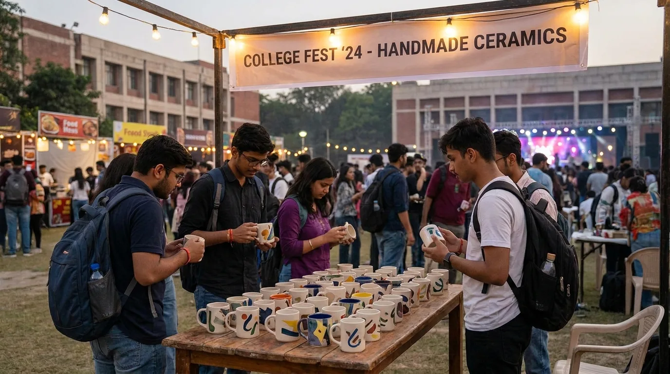 Campus fest merchandise stall displaying sponsor-style ceramic mugs
