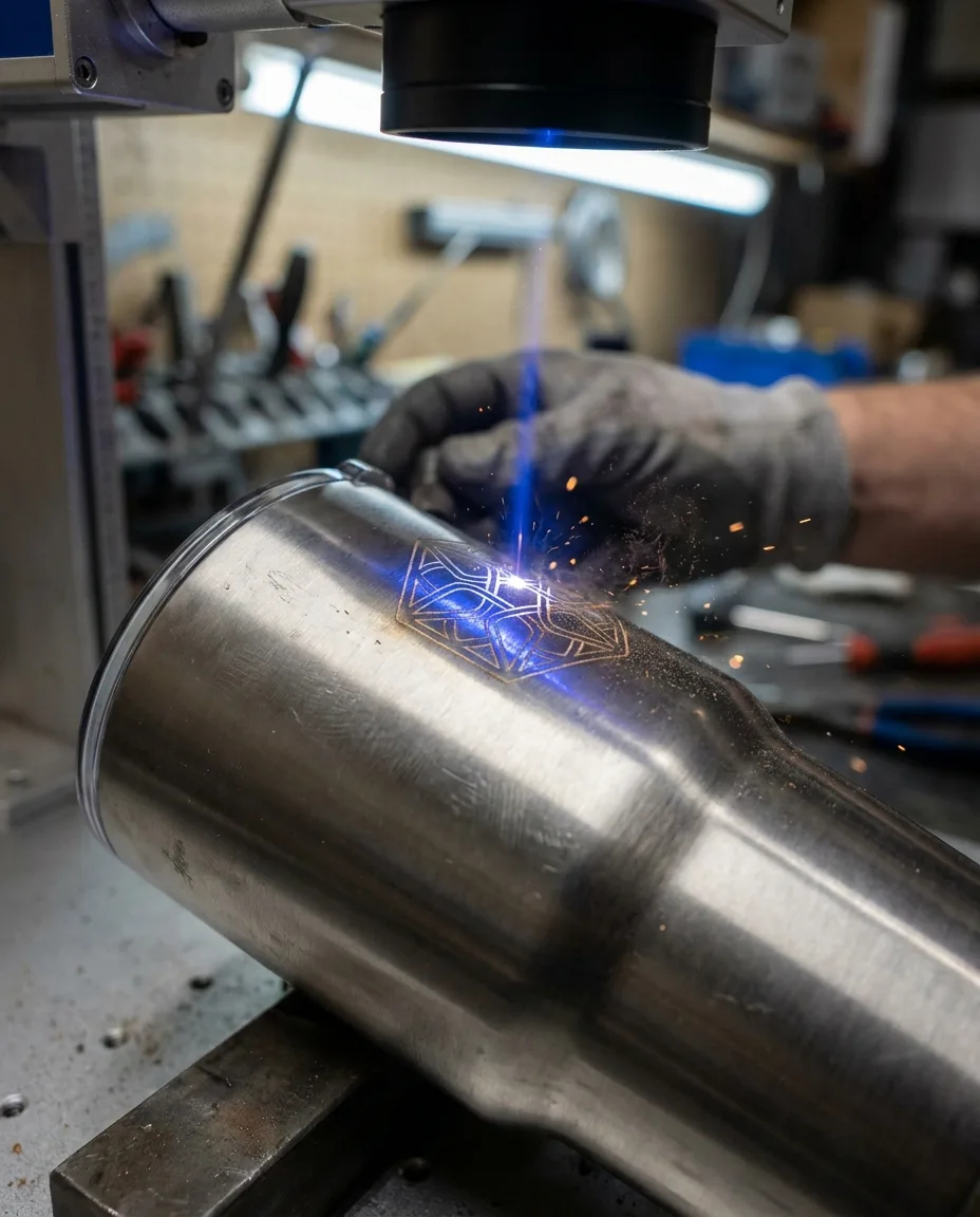 Laser-engraved mark on a matte stainless travel mug