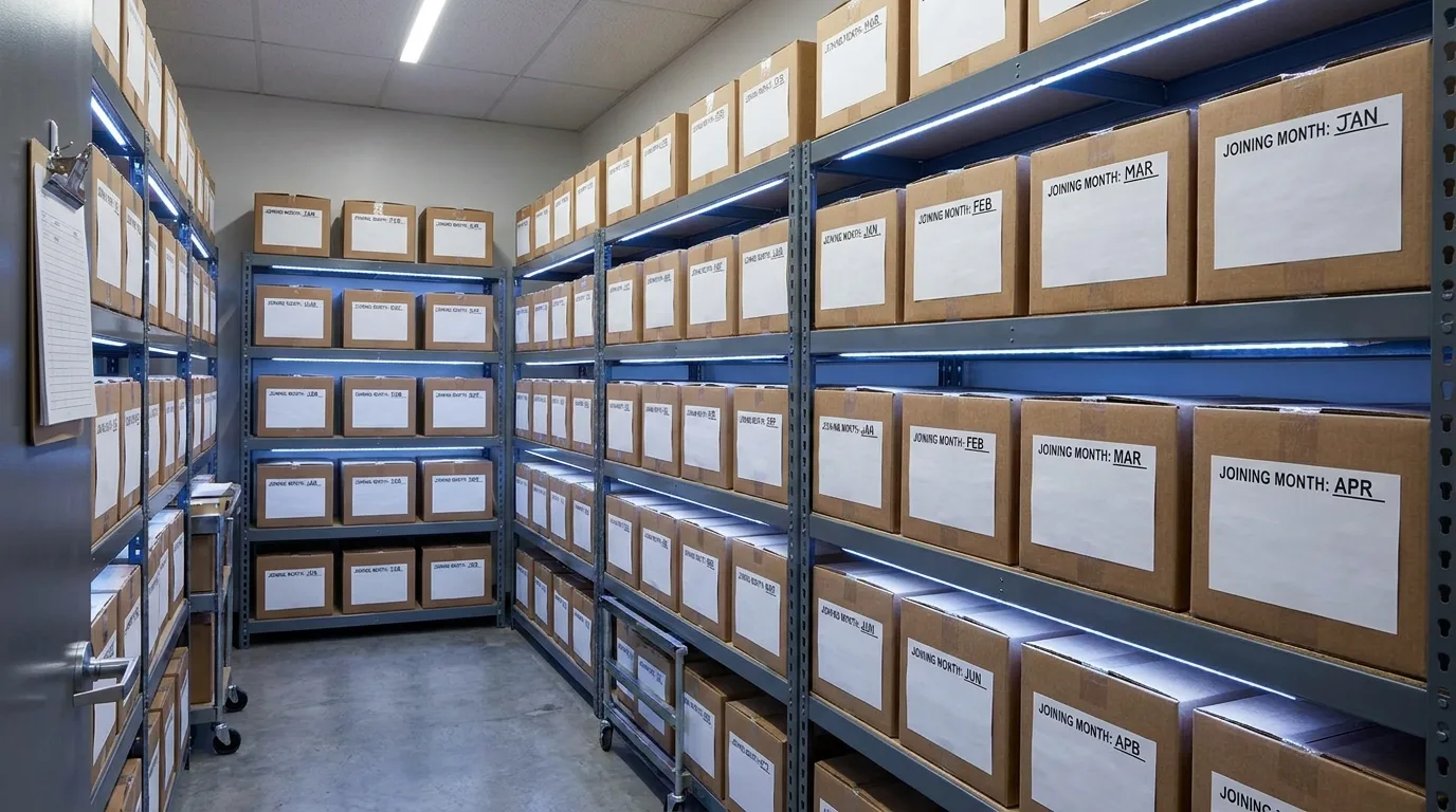 HR shelves stacked with monthly employee welcome kit boxes