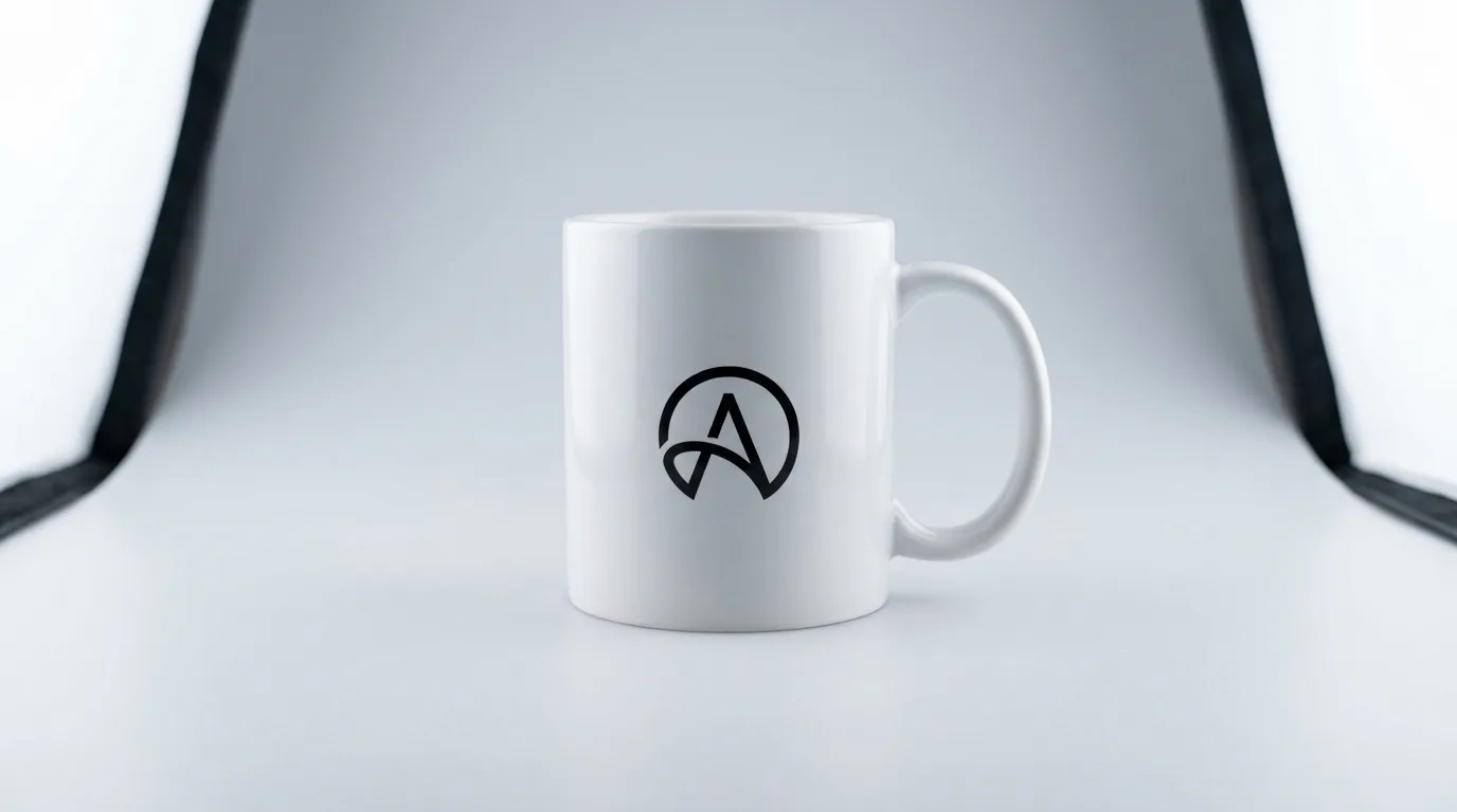 White ceramic coffee mug with a clean company logo on a studio background