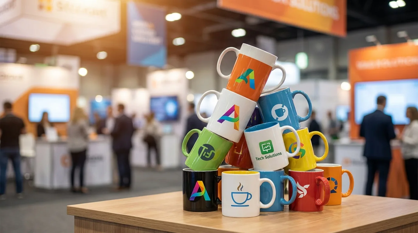 Stack of promotional ceramic mugs with brand logos at a trade show booth