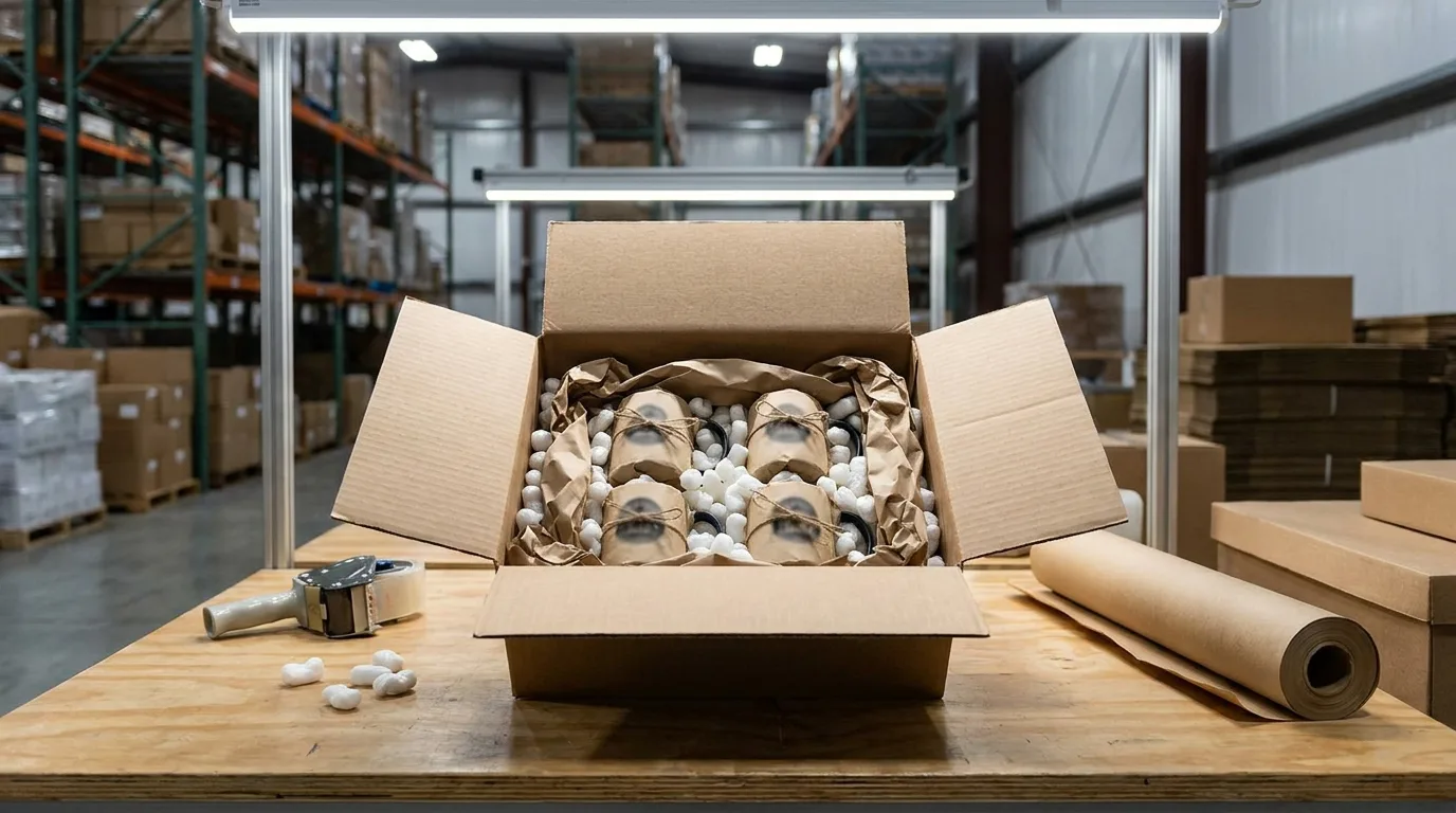 Finished branded mugs wrapped and nested into shipping cartons