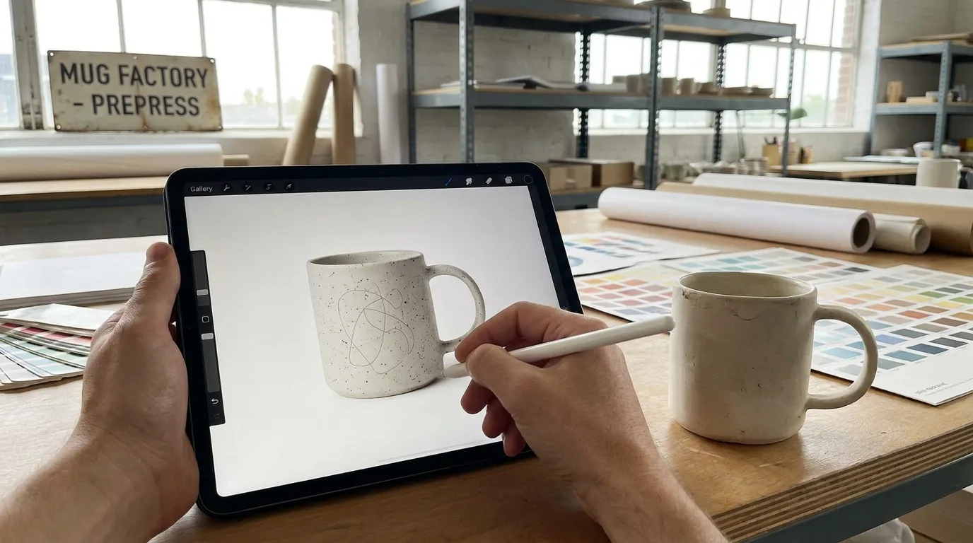 Designer approving a mug mockup on a tablet beside a physical sample at Mug Factory