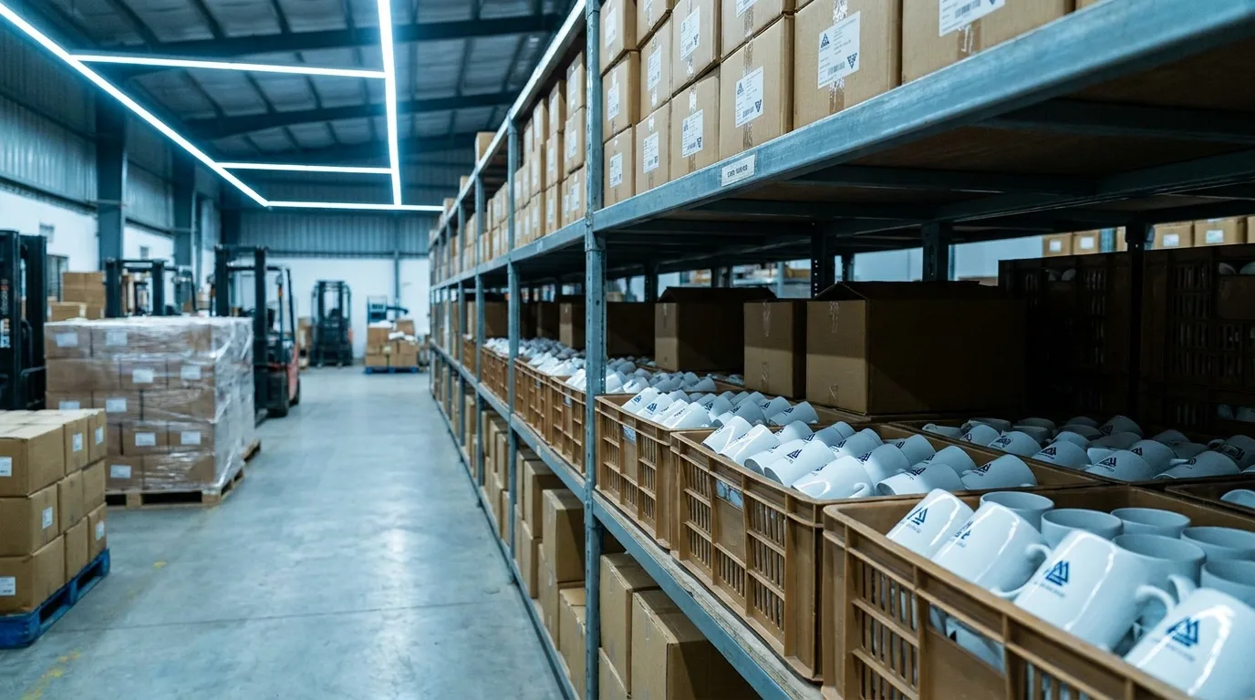 Warehouse racks filled with identical logo-printed ceramic mugs ready for bulk dispatch