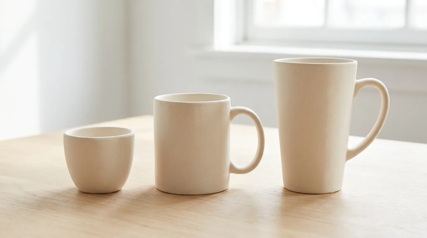 Ceramic mug size lineup from small to tall latte on light wood