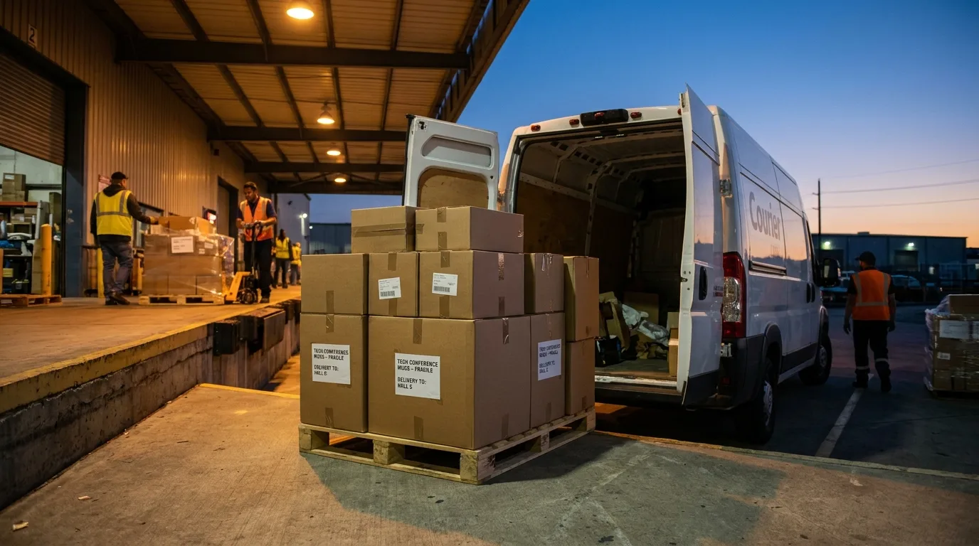 Pallet of conference mug cartons at an event loading dock with tight timing