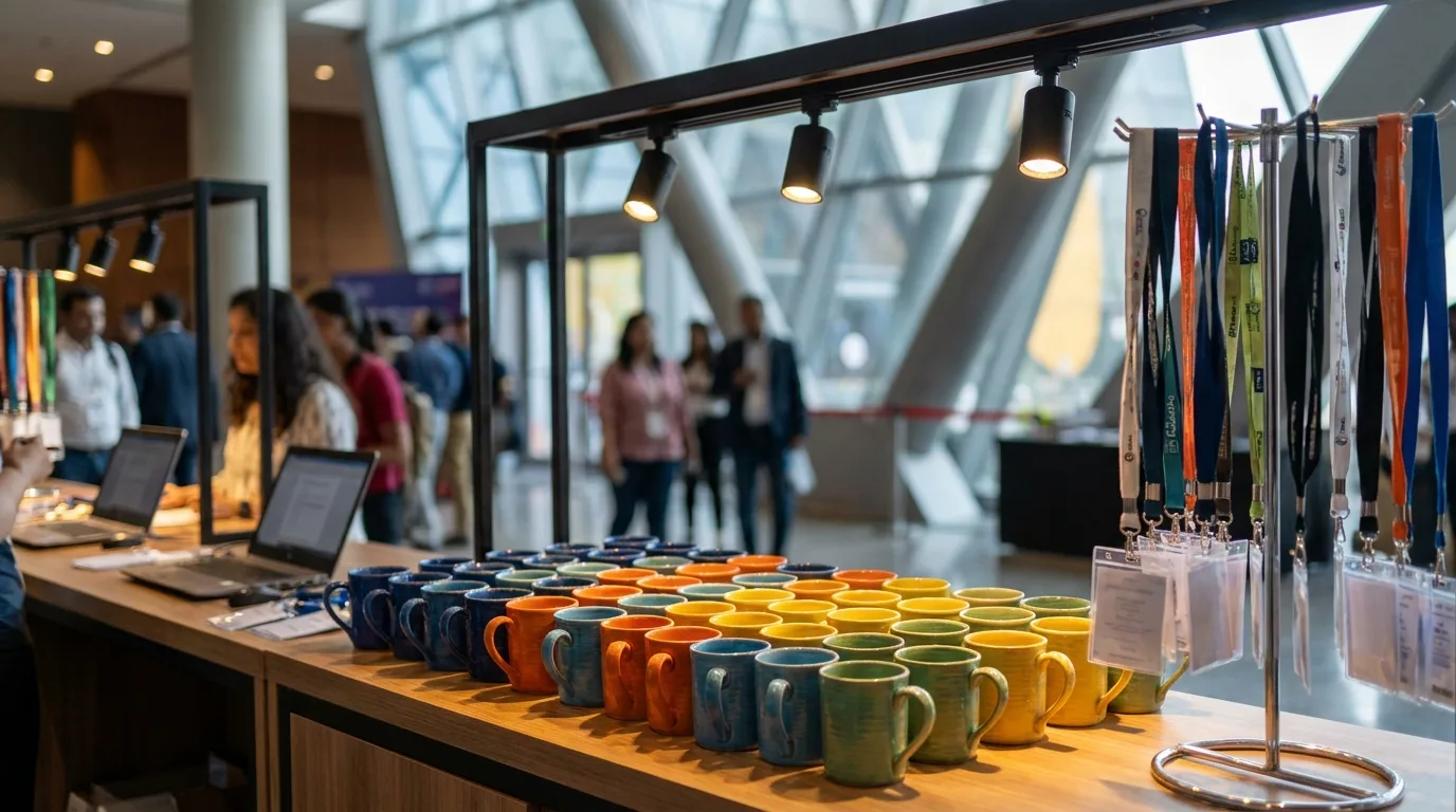Bold event-branded ceramic mugs on a summit registration table under hall lights