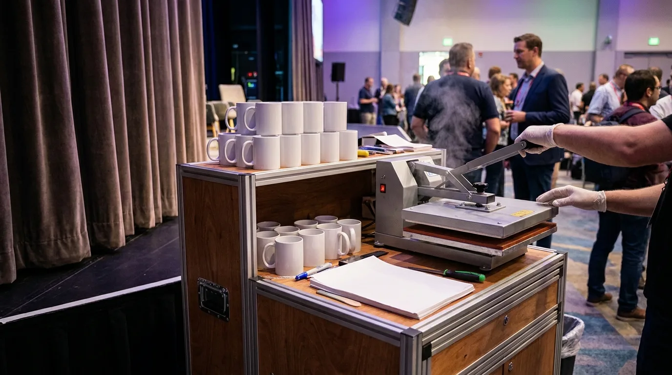 Live on-venue mug printing cart set up beside a conference stage area