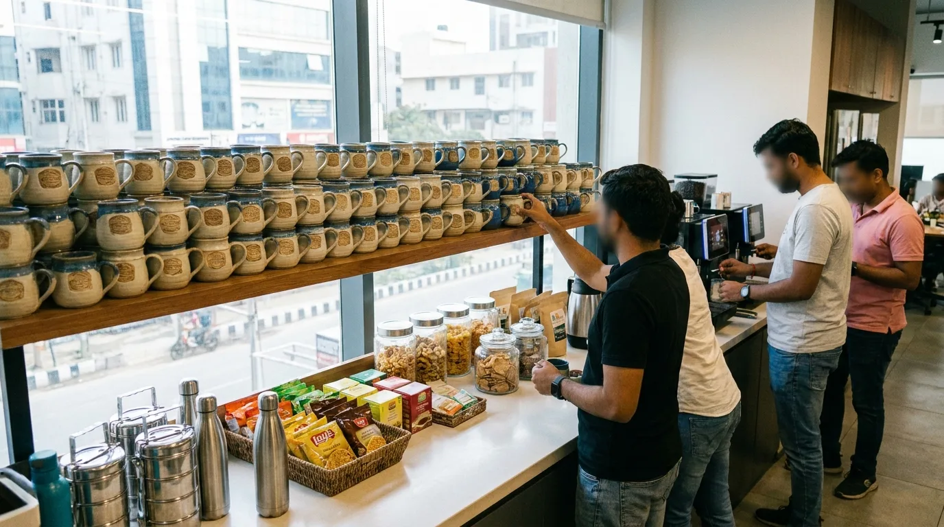Office pantry shelf stocked with matching branded employee mugs