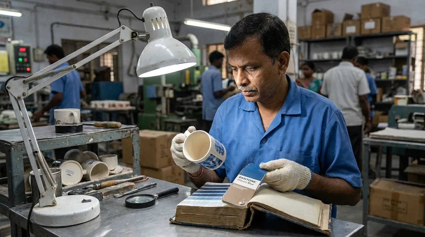 Factory QC checking printed mug colour against a swatch book under a task lamp
