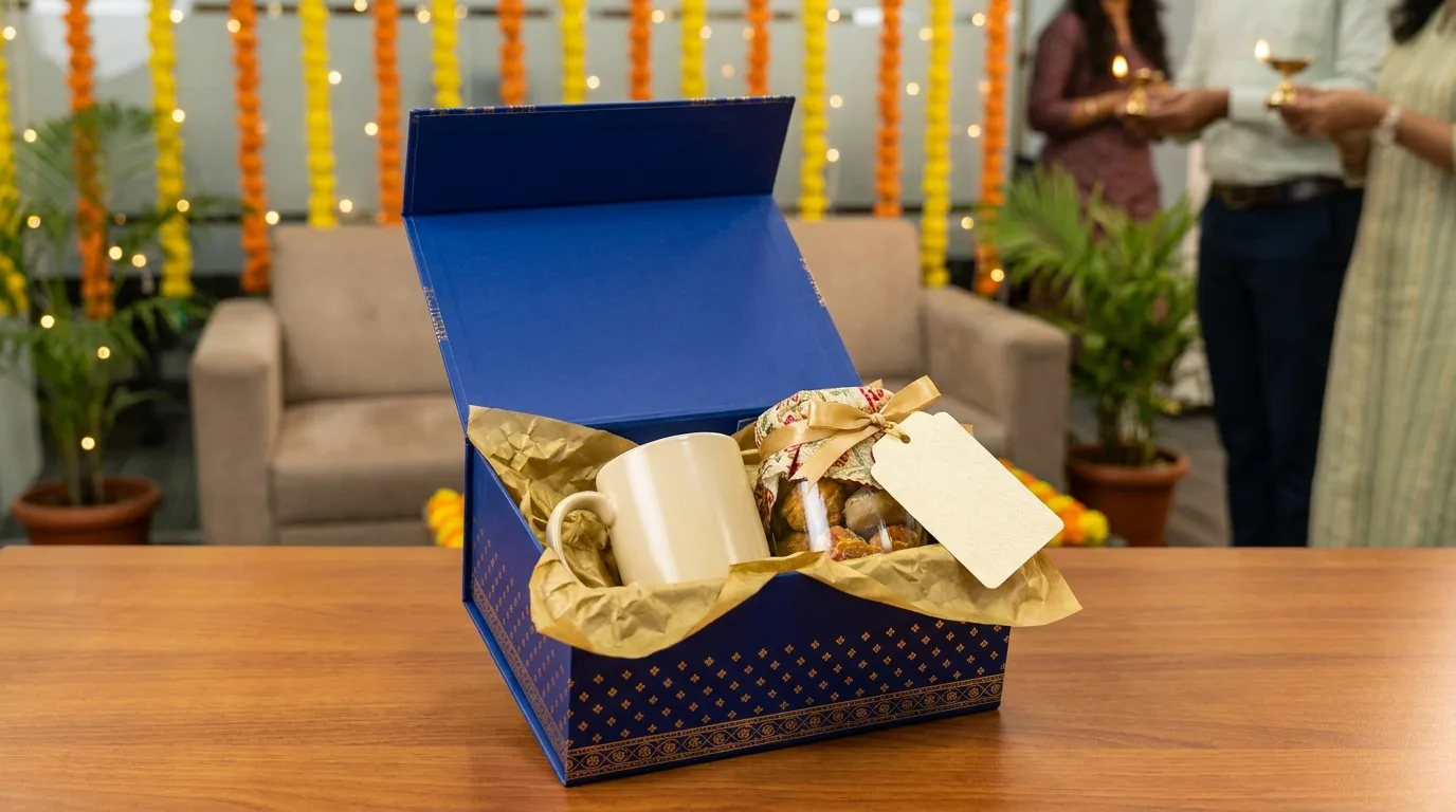 Open Diwali corporate gift hamper with ceramic mug, sweets, and ribbon