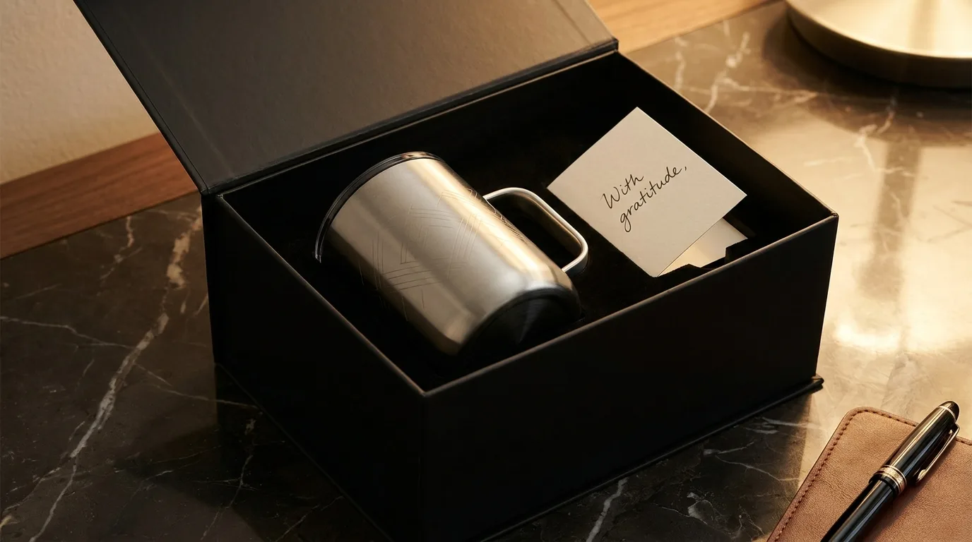 Premium black gift box revealing a laser-marked stainless steel mug