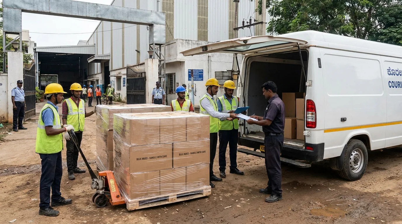 Tracked courier pickup of packed bulk mug cartons at the studio gate