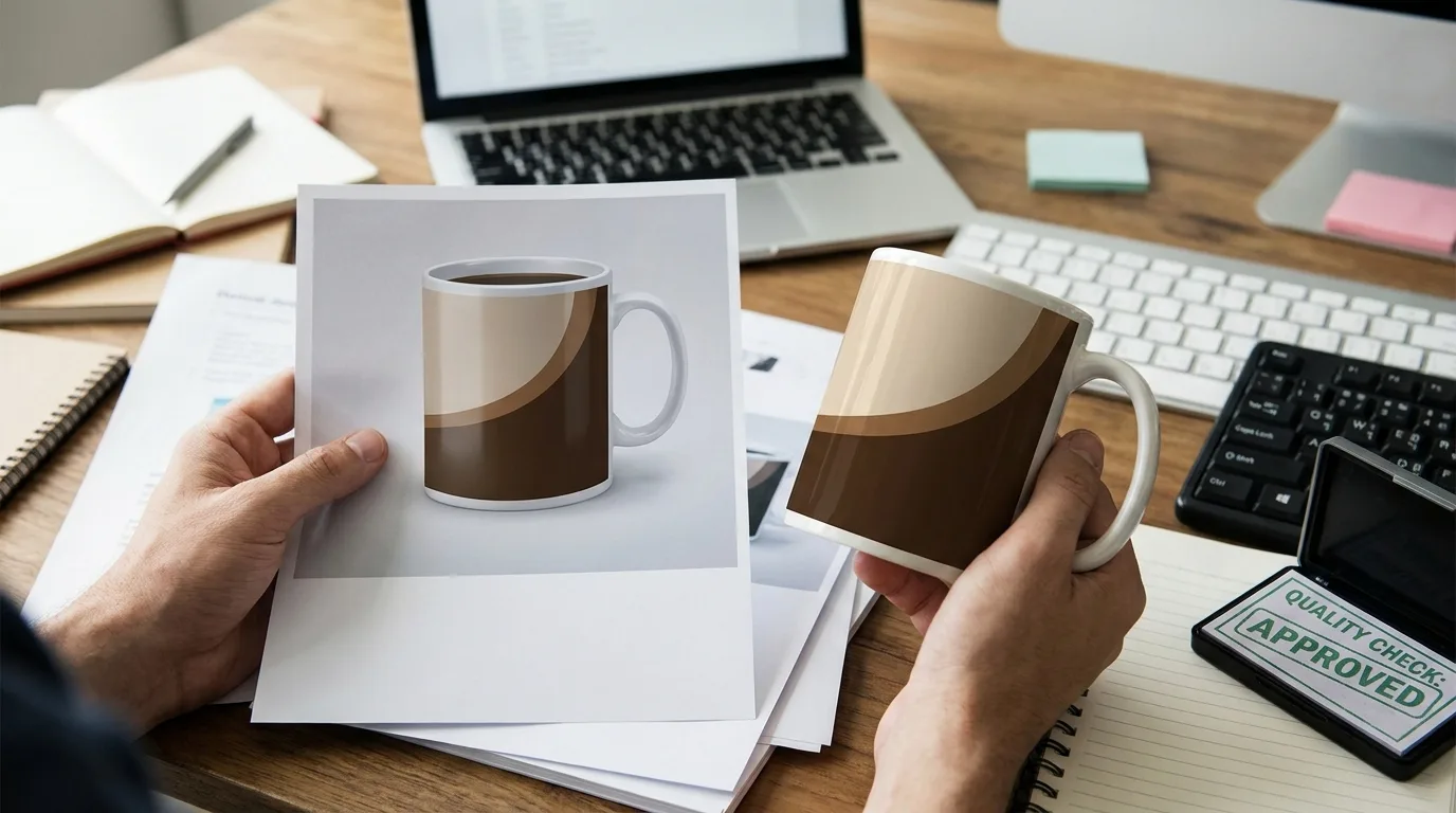 Hands comparing a digital mug mockup printout to a physical sample