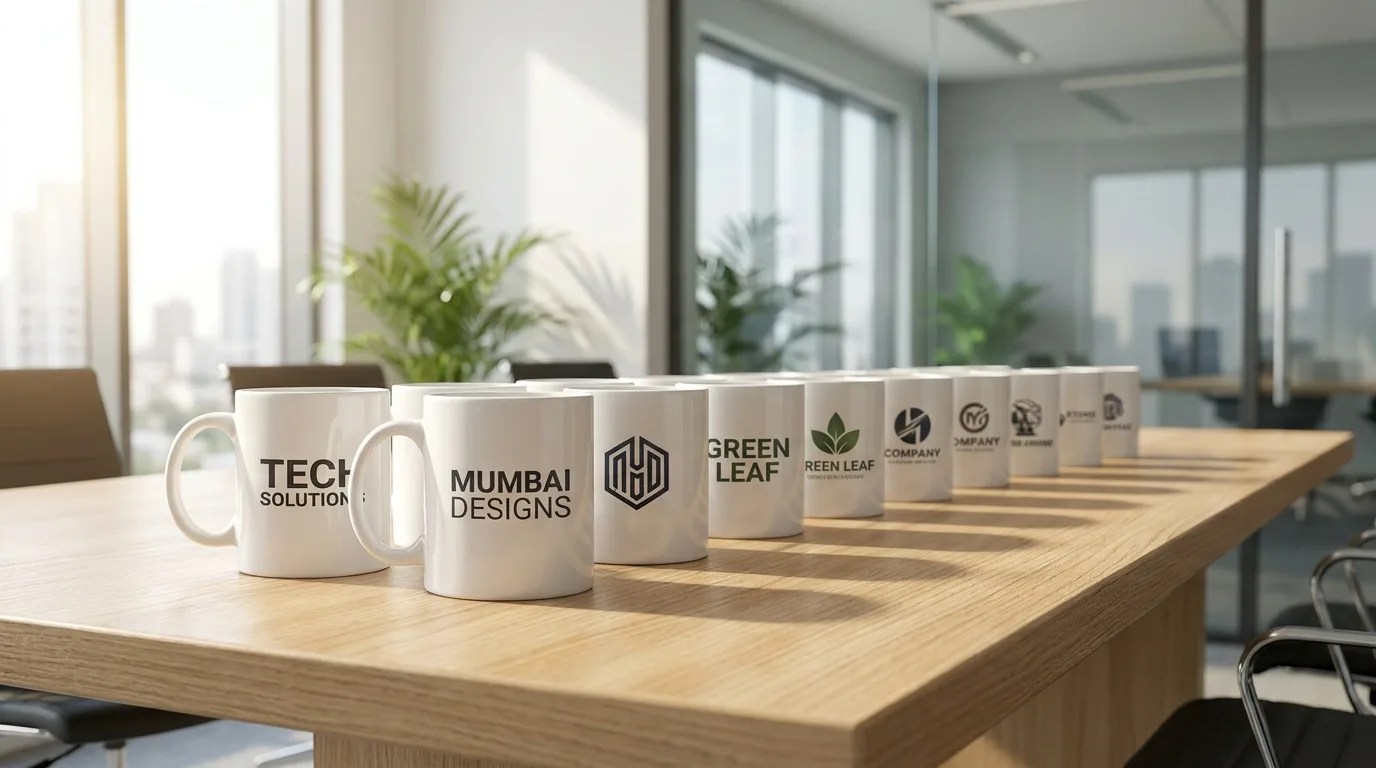 Row of logo-printed ceramic mugs on an office conference table