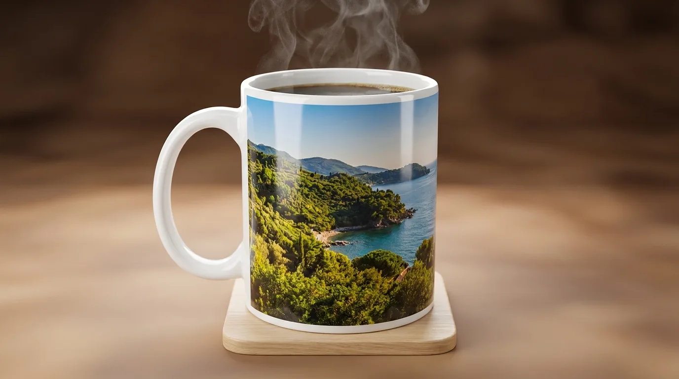 Close-up of a ceramic mug with a vibrant full-colour sublimation print