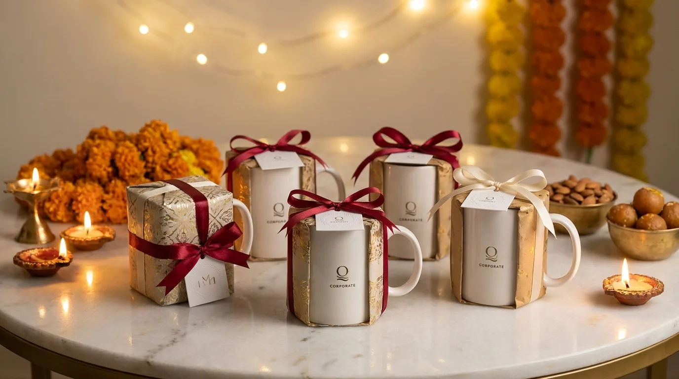 Gift-wrapped corporate ceramic mugs for festive employee appreciation
